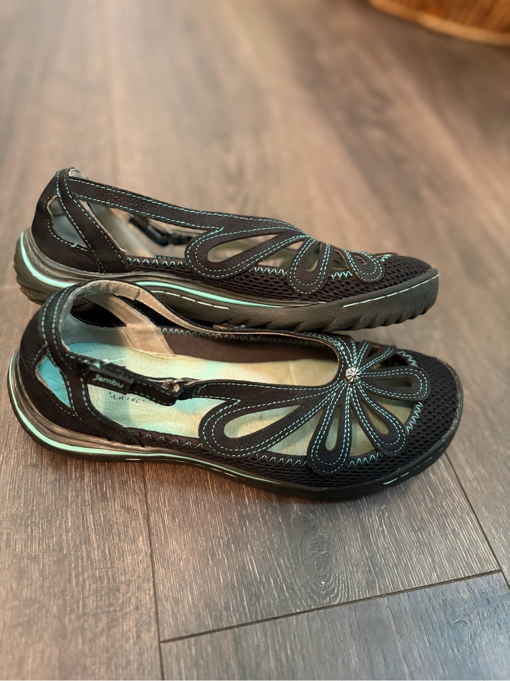 Jambu Black Flats with Teal Stitching and Trim 8.5